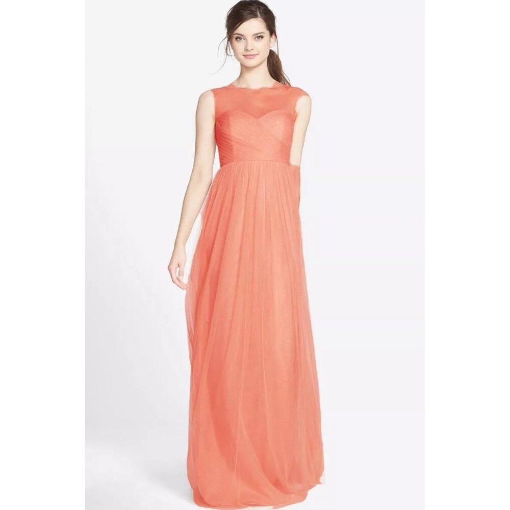 $330 JENNY YOO Aria Illusion Yoke Pleated Tulle Gown Wedding PROM CORAL 4